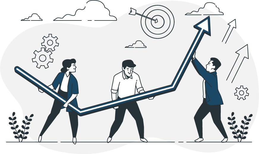 Team moving an upward arrow toward a target